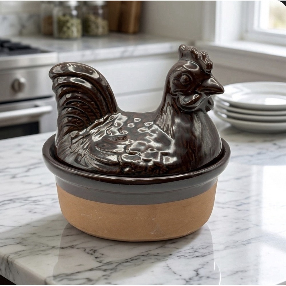 Vintage Chicken Hen On Nest Terra-Cotta Clay 16oz Baking Oven Casserole Dish